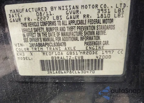 2012 Nissan Sentra 2.0 Sr z USA, uszkodzony, nr VIN 3N1AB6AP8CL630470